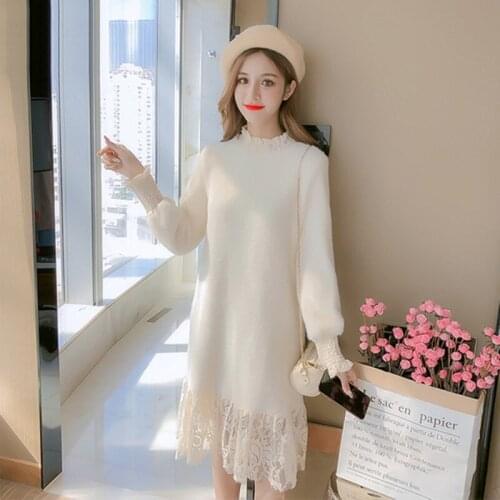 YUZACDWX 2019 High Copy White Mink Fur Stitching Lace Dress Lantern Sleeve Fashion Loose Casual Party Desses Autumn Winter Women