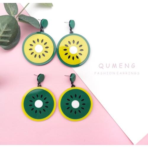 QUMENG Cute Kiwi Fruit Acrylic Earrings For Women Lovely Temperament Exaggerated Drop Earrings New Cartoon Colorful jewelry gift
