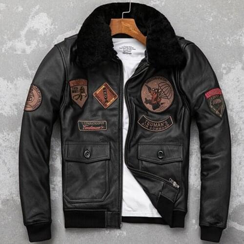 Men Leather Jacket Black Cowhide Flight Jackets Man Pilot Jacket Motorcycle Biker Coat Winter Clothing