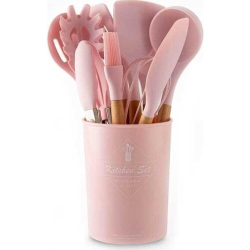 11Pcs Pink Cooking Tool Set Silicone Kitchen Utensils Set Non-stick Spatula Shovel Wooden Handle Utensilios Kitchen Accessories