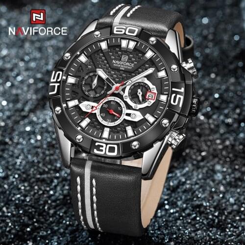 NAVIFORCE Men Watches High Quality Leather Band Military 1/10 Second Chronograph Sport Quartz Wristwatch Waterproof Luxury Clock