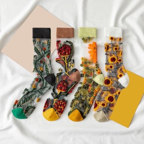 Creative Harajuku New Product Crystal Silk Tide Socks Funny Sunflowers Vines Flowers Happy Women Socks Casual High Quality Sox