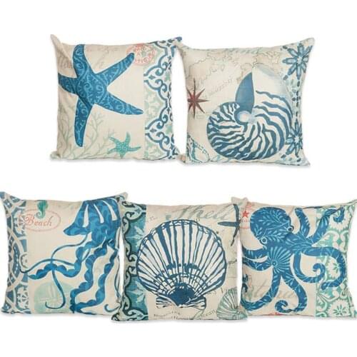 New Ocean Coral Starfish Octopus Pattern Cotton Linen Home Decor Sofa Office Pillow Cover Car Seat Pillowcase Cover