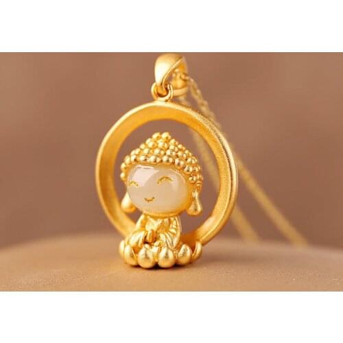 New silver inlaid natural Hetian jade pendant necklace Chinese classical unique sand gold craft light luxury womens jewelry