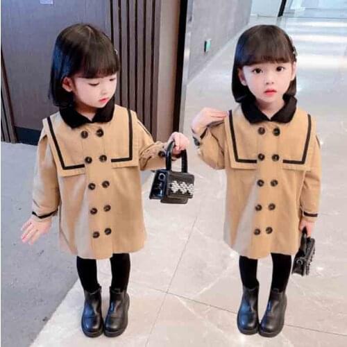 Cultiseed Baby Girls Autumn New Sailor Collar Preppy Style Double Breasted Long Trench Jackets Children Kids Casual Coats Tops