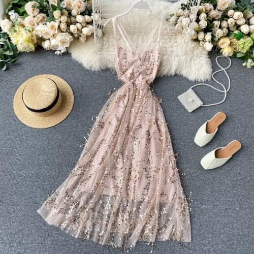 HISUMA summer new womens strap V-neck sequins gauze Dress female Sleeveless Cross Backless Waist mesh bling A-line Dress