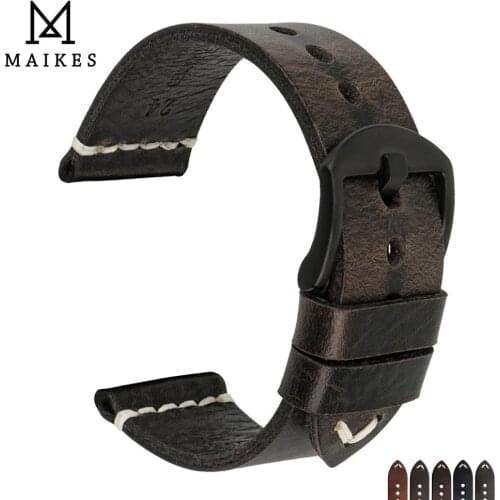 MAIKES 2020 Latest Designs 20mm 22mm 24mm Black Genuine Leather Watch Band Bracelets Vintage White Arrow Wrist Watch Accessories