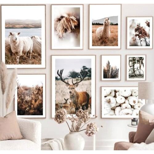 Nordic Poster Brown Palm Leaf Grass Deer Alpaca Pumpkin House Wall Art Print Canvas Painting Wall Pictures For Living Room Decor