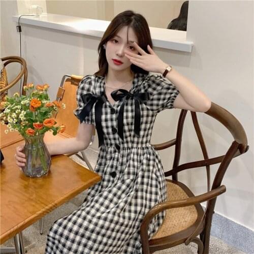Dress Temperament Checkered Bowknot Short-sleeved Dress Female Summer New Style Skirt Korean Style High Waist Slim Long Skirt