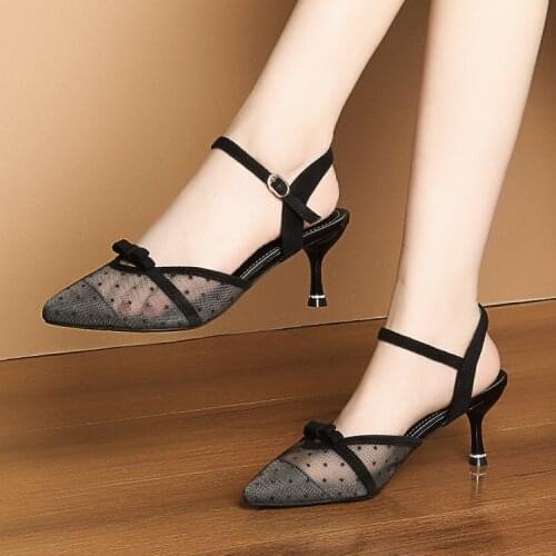 2021 Summer Shoes Women Sandals Mesh Leather Pumps High Heels Bling Dress Shoes Pointed Toe Ankle Strap Sandalias Mujer