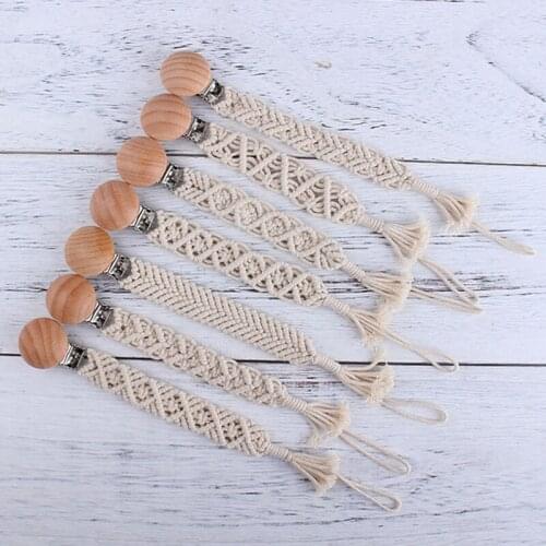 Hand Braided Rope Pacifier Chains Handmade Wooden Pacifier Clips Safe Rope Knot Chain Baby Girl Boy Eco-friendly Holder Chain