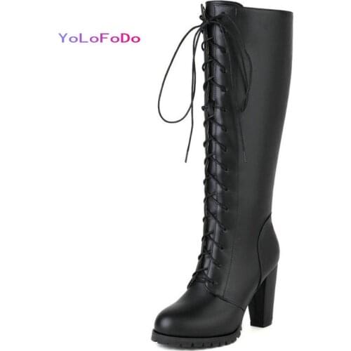 2021 Autumn Winter Women Knee High Boots Fashion Square High Heel Round Toe Ladies Calf Boots PU Leather Side Zipper Women Boots