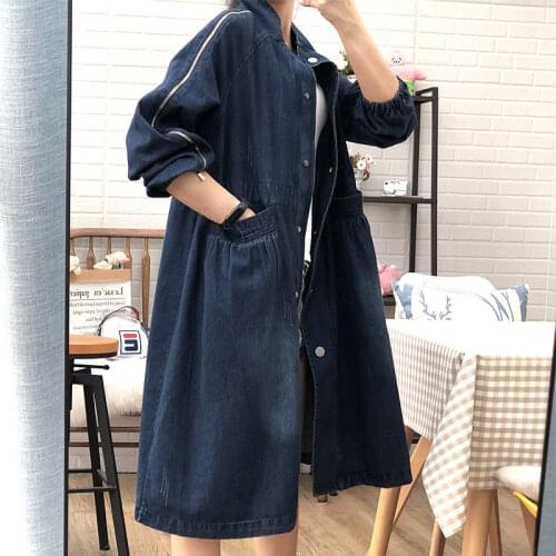 2020 Spring Fall New Korean Jaqueta Female A Line Long Denim Trench Coat Loose Chic Stand Collar Jeans Vintage Windbreaker f2856
