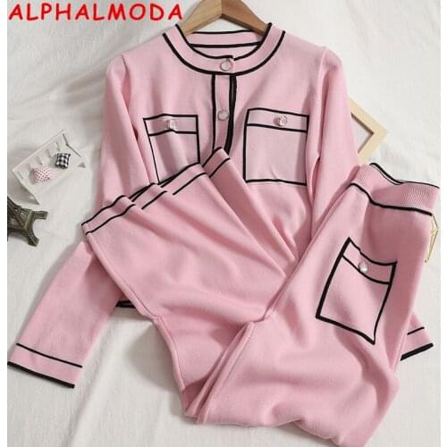 ALPHALMODA 2021 Autumn Faux Pocket Pullover Long-sleeved Sweater + Straight Pants Women 2pcs Fashion Suit