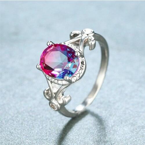 Charm Purple Crystal Rose Red Zircon Oval Stone Rings For Women Wedding White Gold Rainbow Gradient CZ Engagement Promise Ring