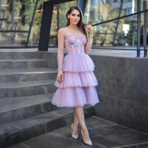 SoDigne Modest Purple Prom Dress Stealth Long Sleeves Sweetheart Tiered Tulle Skirt Tea Length Evening Party Gowns