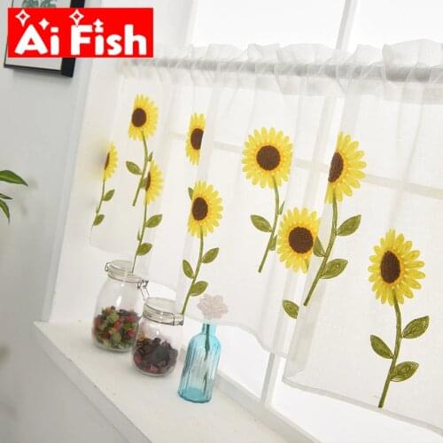 1 Piece Rod Pocket Pure Color Sheer Door Short curtains Bay Window Sunflower Embroidery Half Curtain Partition kitchen Drapes #5
