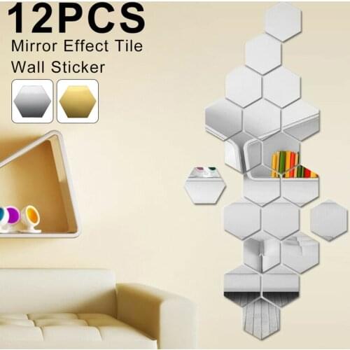 12Pcs Mirror Effect Tile Wall Sticker Hexagon Acrylic DIY Art Wall Stickers Living Room Bathroom Mirrored Decorative Sticker