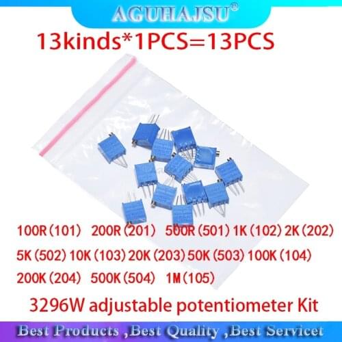 13kinds*1PCS=13PCS 3296W adjustable potentiometer Kit contains 100R 200R 500R 1K 2K 5K 10K 20K 50K 100K 200K 1M