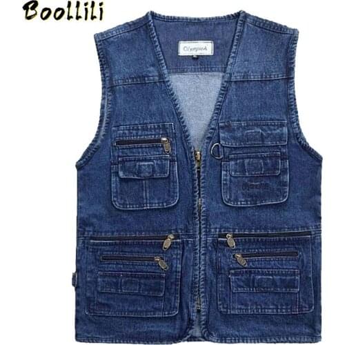 2020 Big Size V-Neck Classic Multi Denim Work Vest Mens Solid Casual Waistcoat with Many Pockets Fishing Vest Sleeveless Jacket
