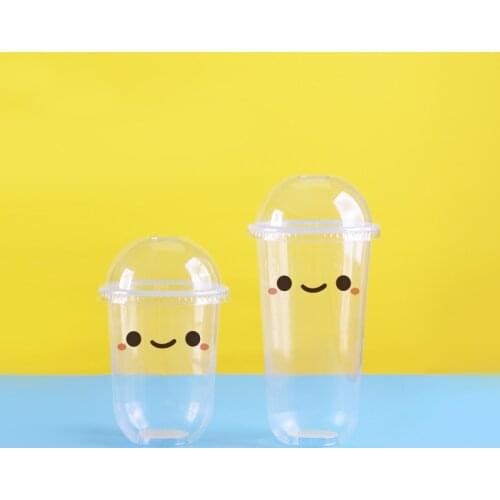 50pcs High quality transparent disposable coffee cup 500ml U shape smile pattern packaging milk tea juice plastic cup with lid