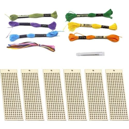 6Pcs Wood Rectangle Bookmark Cross Stitch Embroidery DIY Children Craft Art Kit