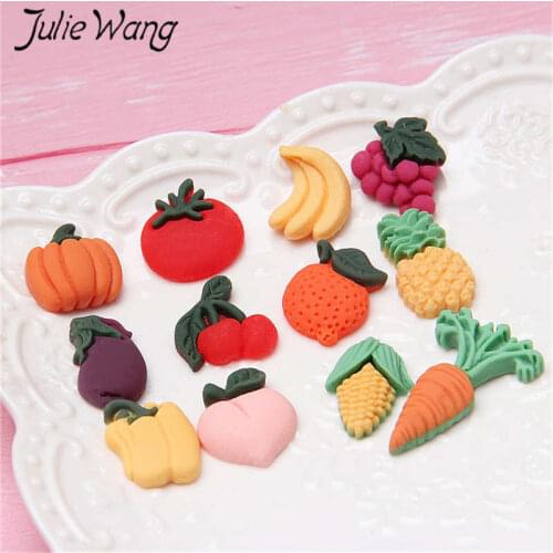 Julie Wang 30PCS Mixed Resin Pumpkin Banana Carrot Tomato Charms Artificial Vegetables Fruit Pendants Jewelry Making Accessory