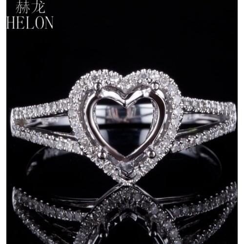 HELON 10x10mm Heart Cut Solid 14k White Gold Real Natural Diamonds Semi Mount Stylish Women Jewelry Engagement Wedding Ring