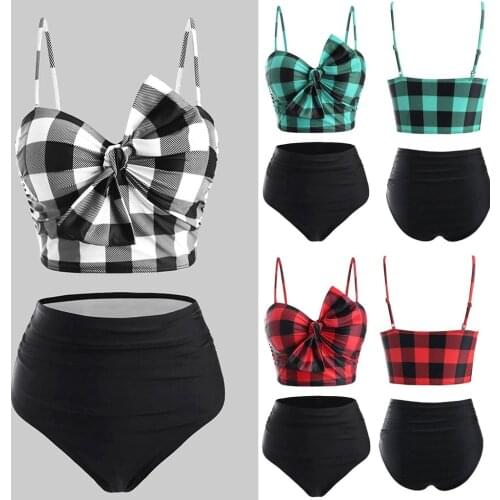 Swimwear Women Push-Up Padded Bikin Set Plaid Bowknot Push Up Tankini Swimwear Women Tankinis Bathing Suits Biquini 2021 mujer