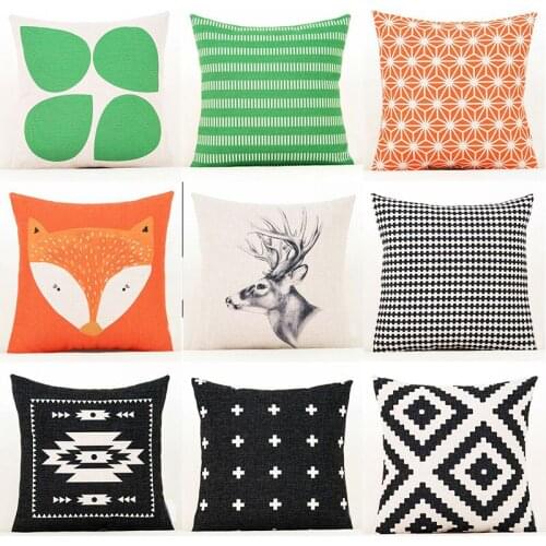 Cute Cartoon Fox Deer Geometry Pillow Case Soft Sofa Waist Cushion Cover Square Oblong Linen Room Decorative Pillow Covers