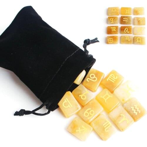Natural Chakra Crystal Yellow Jade Standing Stones 12 Zodiac Stone Runes Stones Polished Reiki Healing Graff Constellat Decor