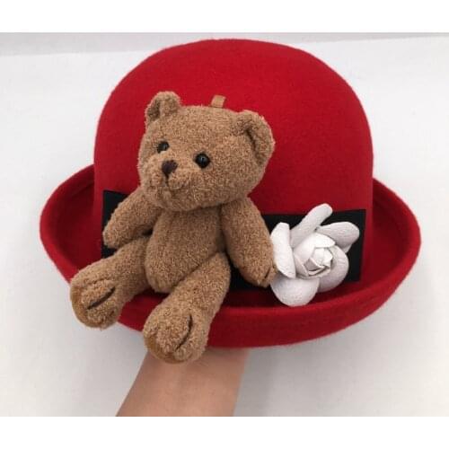 Autumn and winter childrens wool buckat hat with bear cute red black