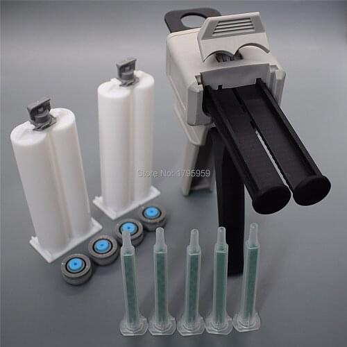 Caulking Gun 50ml 1:1 AB Glue Dispensing Gun Dispenser with 5pc Static Mixing Nozzle 2 set 50ml 1:1 Empty Dual-Barrel Cartridge