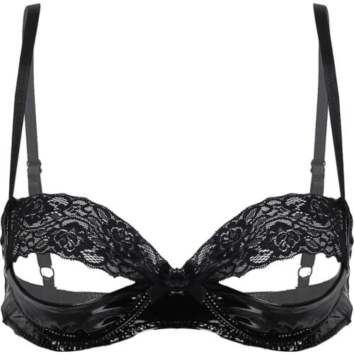 Alvivi Sexy Lingerie for Women Hot Erotic Bra Women Black Lace Patent Leather Sexy Costumes Underwear Spaghetti Bare Bra Tops