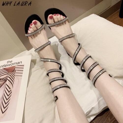 Diamond snake twist fairy 2021 new summer fashion Roman square heel strap peep-toe fashion beauty sandal