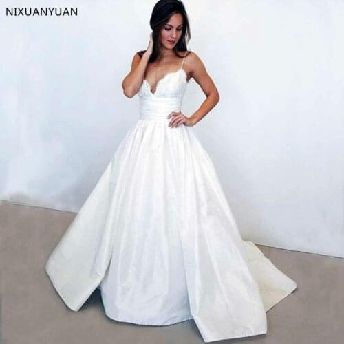 V Neck Wedding Dresses Light White Floor Length Applique Open Back Sleeveless A Line Backless Bridal Dress Vestido De Noiva