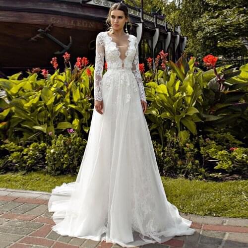 Vintage Lace Wedding Dress V Neck Full Sleeves Gowns Detahable Tulle Skirt Zipper Back A Line Bride Robe Mariee