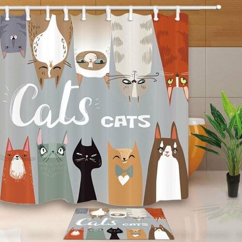 Funny cartoon cats Shower Curtain Bathroom Polyester Fabric & 12hooks
