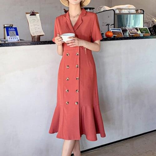 2021 Women Summer Elegant Long Blazer Dress Double Breasted Trumpet Dresses Slim Waist Maxi Sundress