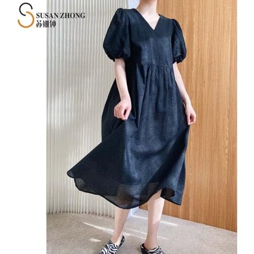 Women Summer Dress Short Sleeve Lantern Female One-Piece X Line V Neck Calf Length Unique Fabric Texture Romantic Vintage Pleats