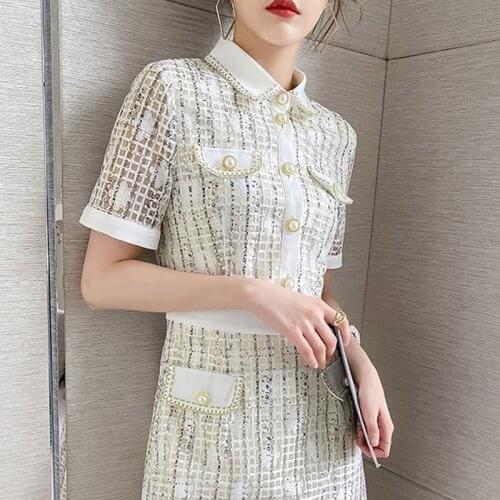 Alien Kitty 2021 Autumn Dress French Temperament Double Pocket Sequins Women Knee-Length Dresses Turn-Down Collar Vestidos