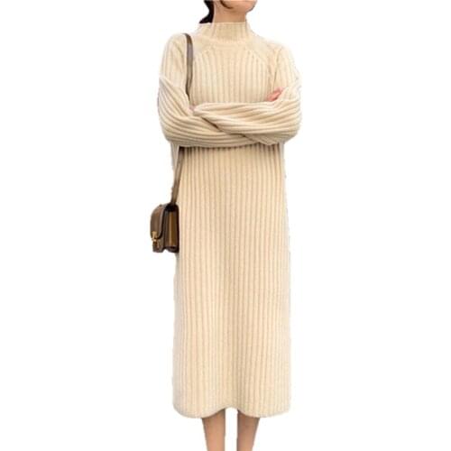 Women Winter Knitted Sweater Dress Turtleneck Long Sleeve Midi Dress Loose Female Street Warm Vestidos