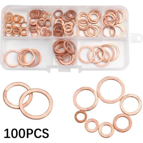 100pcs M4-M14 Copper Washer Professional Assorted Kit Sump Plug Oil Seal Fittings Gasket Set Flat Ring Seal Hardware Accessories