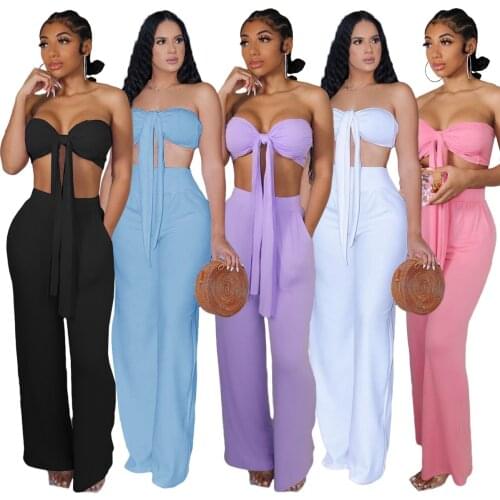2021 Summer New Fashion Women Two Piece Pants Set Tied Tube Top & Solid Regular Long Pants Suits Sexy Streetwear S-XL