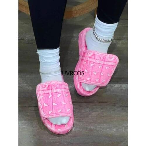 2021 New Women Fall Winter Cashew Flower Furry Slides Satin Silk Cotton Flat Slippers European and American Ins Slipper Women