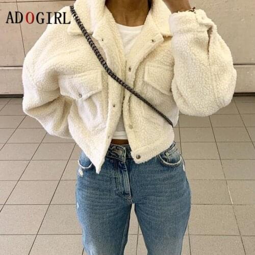 Adogirl Autumn Winter Women Fleece Shaggy Warm Cropped Jackets Long Sleeve Elegant Solid Color Teddy Jacket Fashion Streetwear