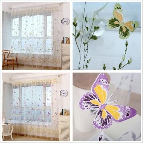 Butterfly Printed White Sheer Curtains Jinya Home Decor Flower Tulle Window Door Curtain for Living Room Pretty Voile Kitchen