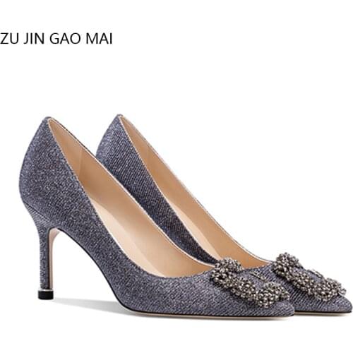 Sequined Rhinestones High Heels Shoes Woman Pumps 2021Shiny Material Crystal Diamond Pointed Sexy Party Fashion Women Shoes Pump