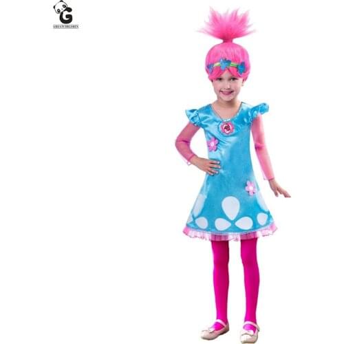 Trolls Poppy Costumes Carnival Halloween Costumes for Kids Fancy Dress Girls Trolls Wig vestido de festa Girls Dresses Cosplay