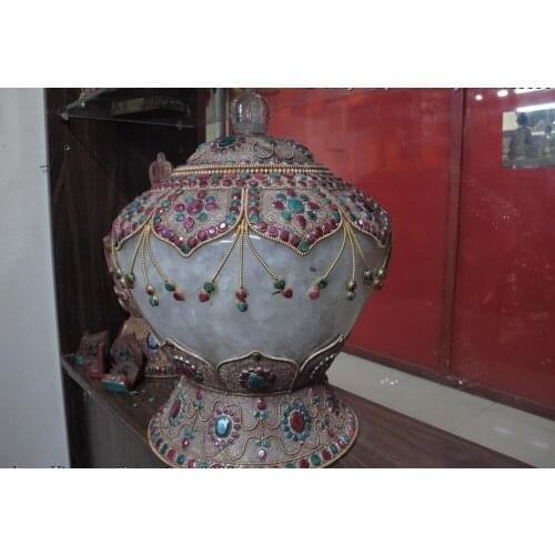20" Nepal Silver Gild crystal inlay Ruby beryl gemstone Jar Tank Crock Vase Pot